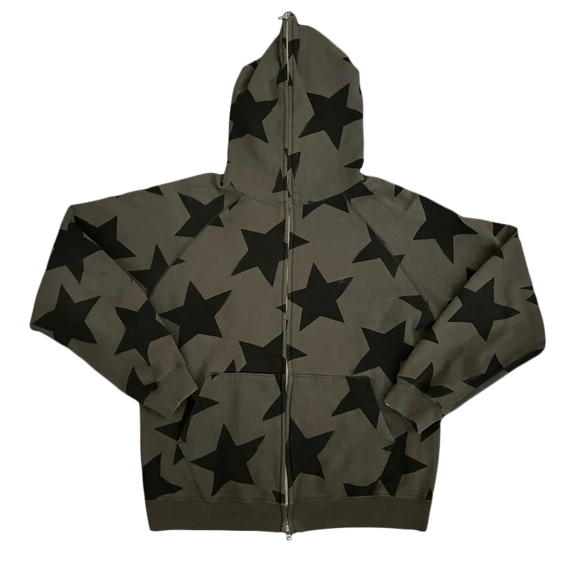 Dark Academia Star Print Zip Up Baggy Sweatshirt Autumn Spring Hooded Jacket Y2K Aesthetic Grunge Oversized Coat Streetwear