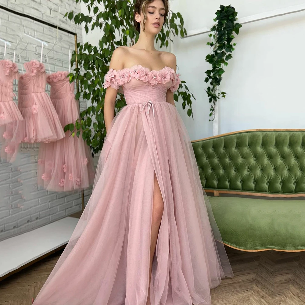 

UZN Modern A-Line Floor Length Prom Dress Sweetheart Off The Shoulder Floral Straps Evening Dress Robe De Bal High Slit Dubai