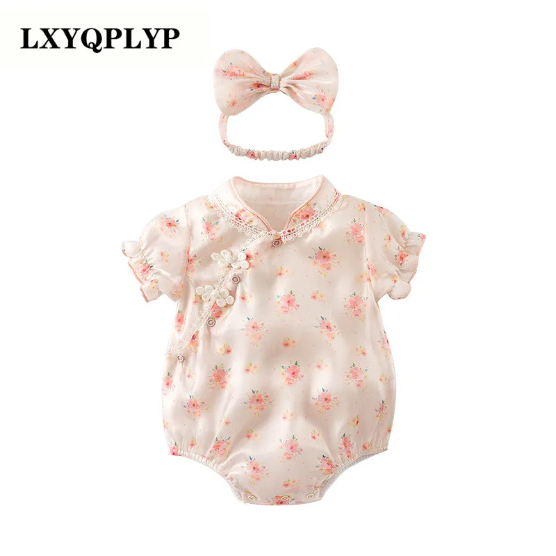 

Baby Onesie Summer Dress National Style Cheongsam Romper 2022 Baby Girl Small Floral Short-sleeved Triangle Bag Fart