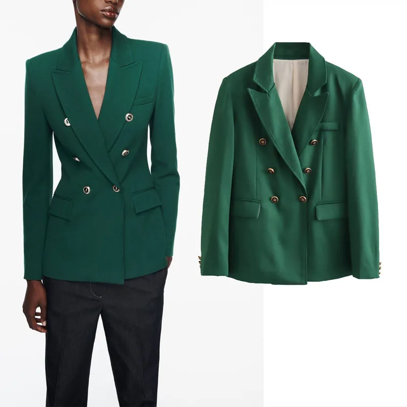 

TRAF Green Slim Blazer For Woman 2023 Vintage Double Breasted Lapel Jacket Women Casual Long Sleeve Flap Pockets Blazers Autumn