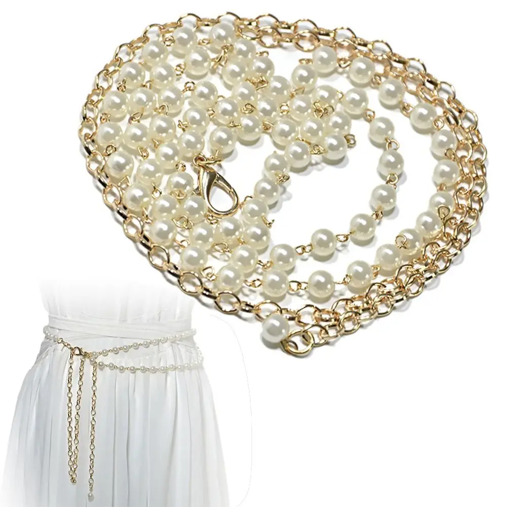 Women Party Casual Luxury Design Waist Strap Elegant Pearl Belt Trouser Dress Belts Thin Chain Waistband