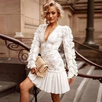 elegant women casual streetwear dress 2022 new summer sexy v neck long sleeve fashion white lace club party female dresses