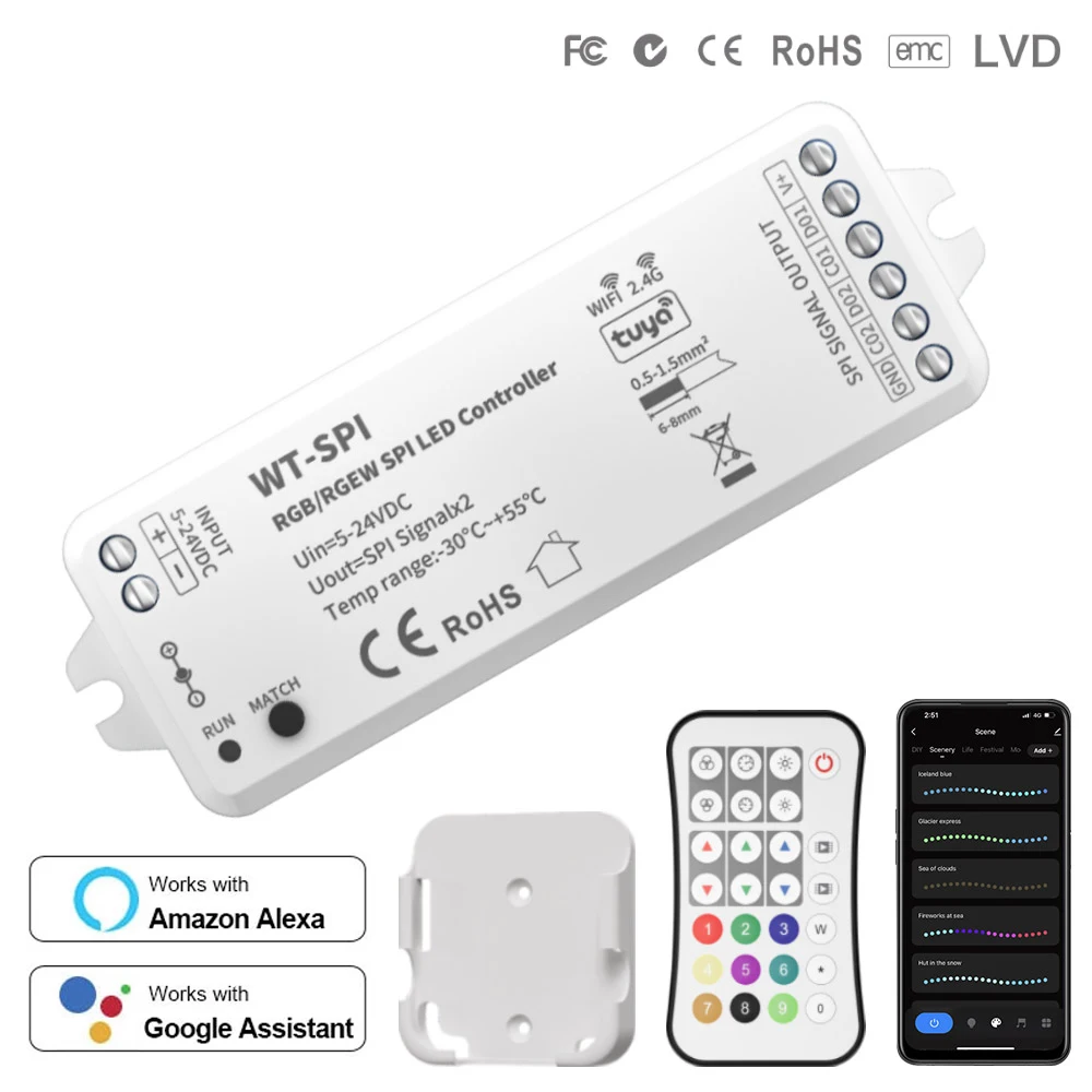 

2.4G Tuya WIFI SPI Pixels LED Strip Light Controller WS2811 WS2812B WS2815 RGB WS2814 SK6812 RGBW R9 Remote Alexa Google ECHO