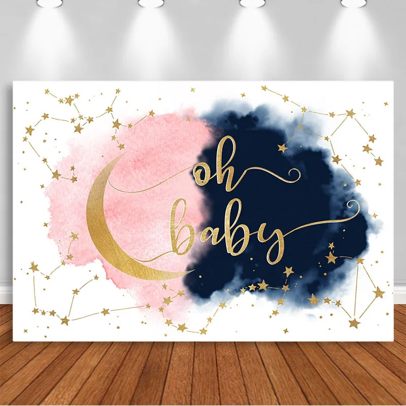 

Navy Blue Blush Pink Gender Reveal Backdrop Golden Star Moon Photography Background Reveal Surprise Party Decorations Photoshoot
