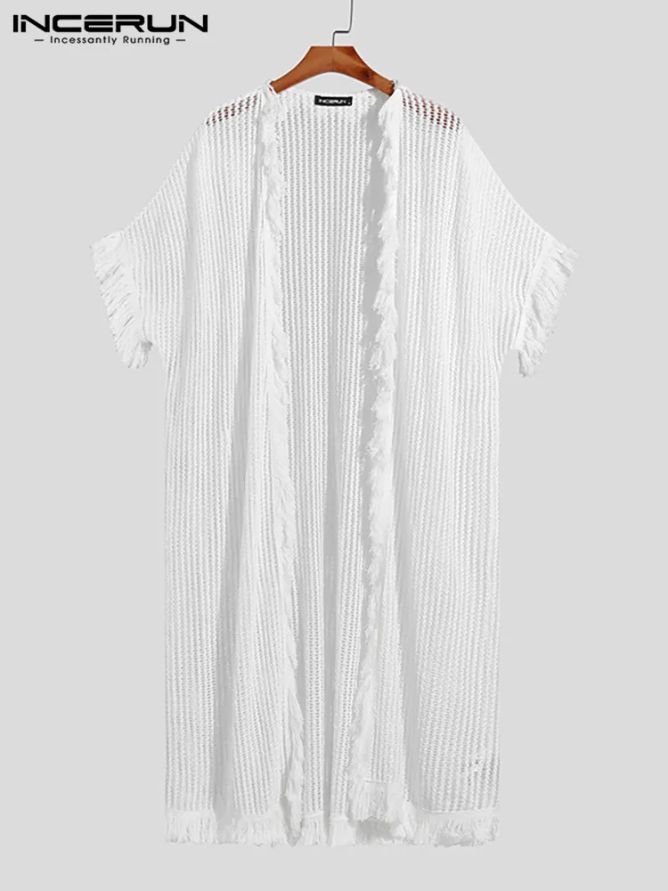 

American Style Men's Casual Vacation Tops Perspective Mesh Shirts INCERUN Fashion Male Stitching Fringed Cardigan Blouse S-5XL