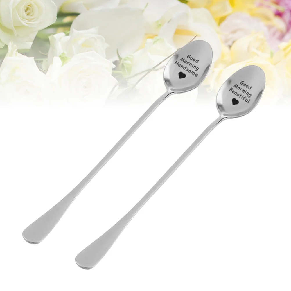 

2 Pcs Good Morning Handsome/Beautiful Stainless Steel Soup Scoop Long Handle Spoons Food Serving Spoon Kitchen Utensil
