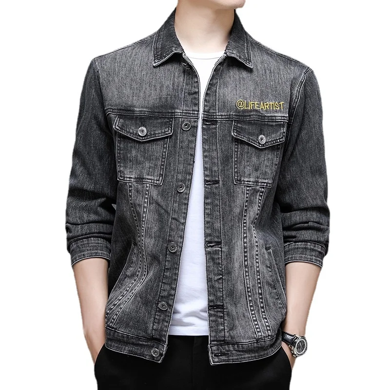

Мужская джинсовая куртка с длинным рукавом, черная повседневная короткая Потертая джинсовая куртка с отложным воротником, универсальная м...