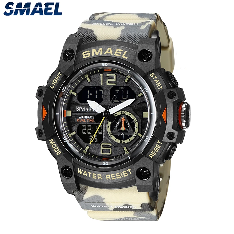 

SMAEL Sport Digital Watches for Men Army Camouflage Swimming Wristwatch Alarm Clock Calendar LED Backlight Dual Time Watch 8007