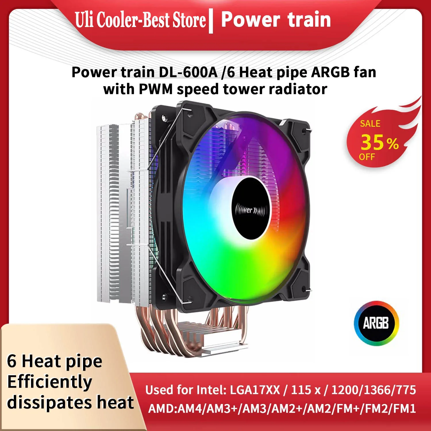 

Power train DL-600A Radiator ARGB 6 Heat Pipe Copper 12 Generation PWM CPU Air Cooler Intel LGA1700 1366 115X 1200 775 AMD AM4