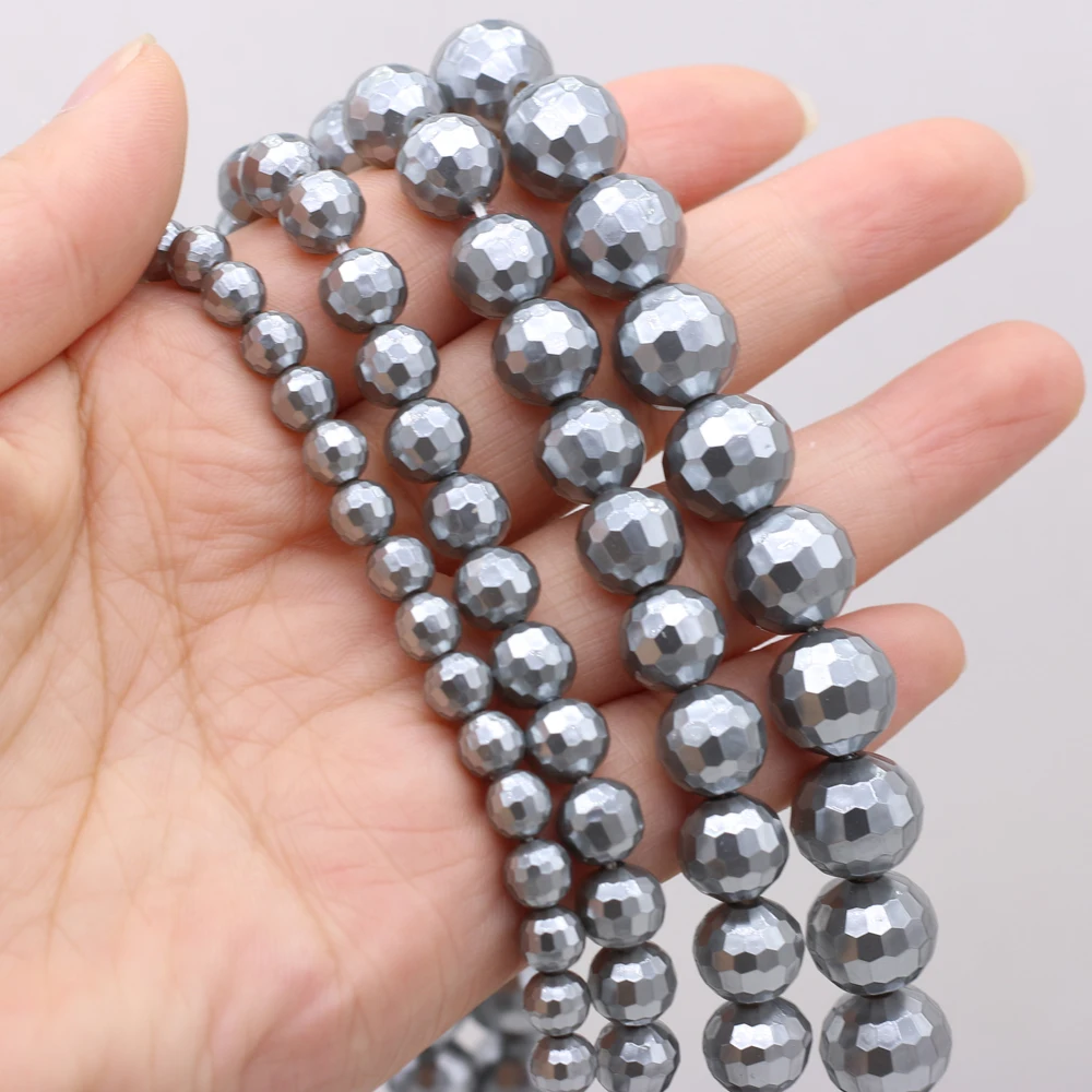 

Natural Pearl Gray Round Faceted Shell Beads6mm/8mm/10mm/12mm For Jewelry MakingDIY Necklace Bracelet Accessories Charm Gift36CM