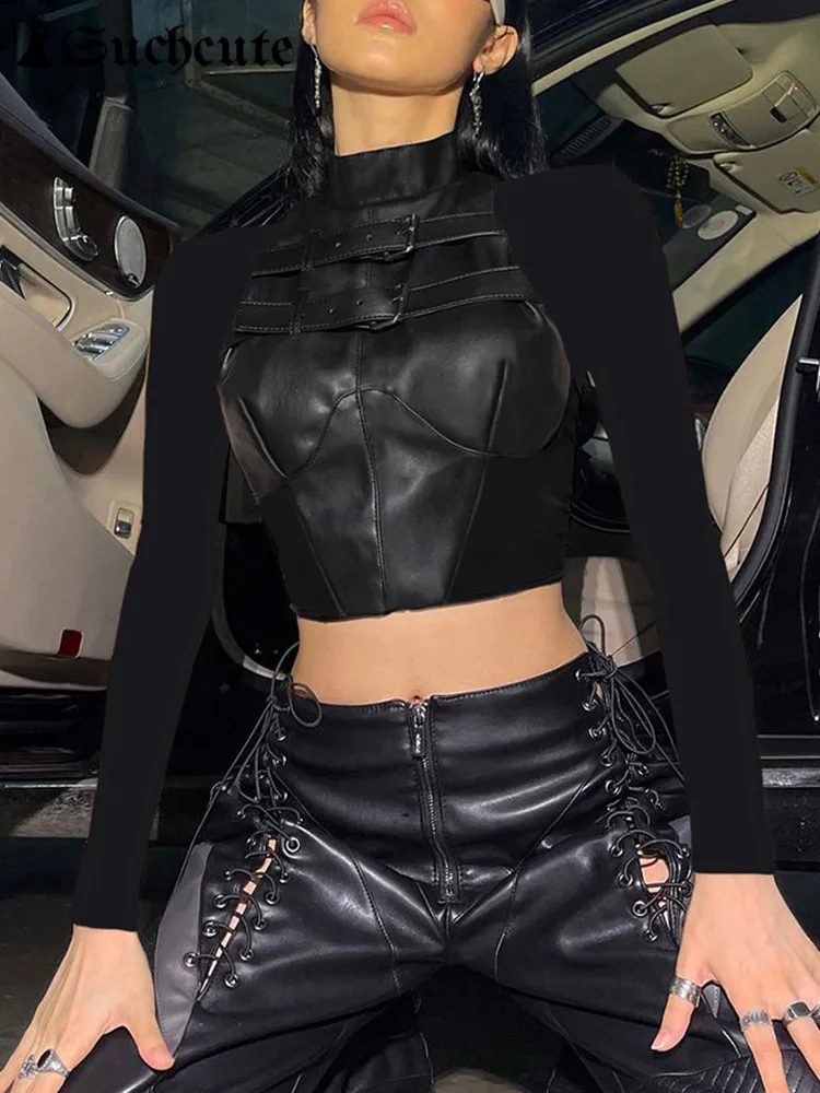 

SUCHCUTE Gothic Dark Leather PU Patchwork T-shirts Girl’s Punk Style Button Up Bodycon Crop Tops Hippies Biker Full Sleeve Cloth