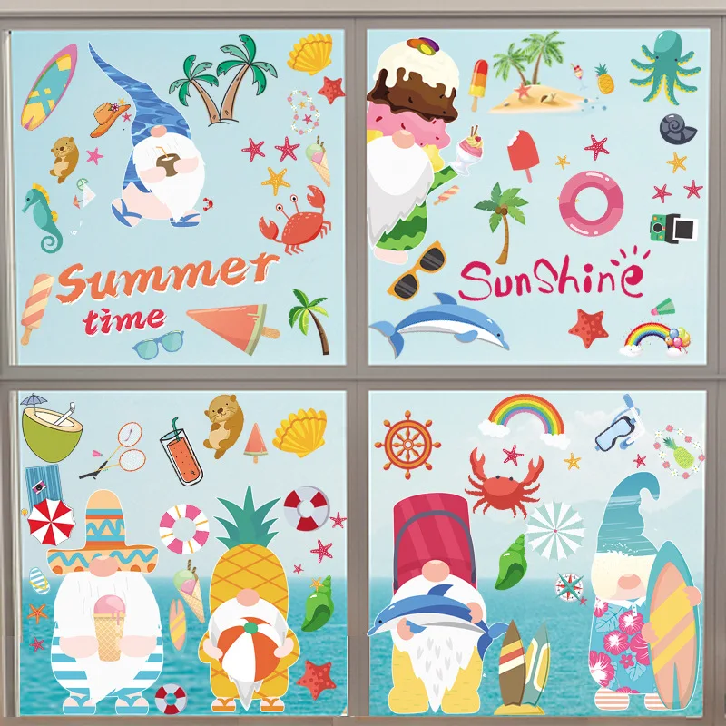

9 Sheets Hawaii Static Summer Window Stickers Tropical Beach Surfing Waterproof Removable DIY Decal Party Sticker