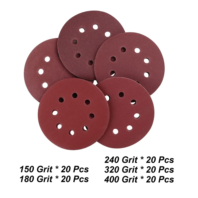 100PCS 5 Inch Sanding Discs 150 180 240 320 400 Medium Loop 6 Holes Self Stick Sandpaper Orbital Sander