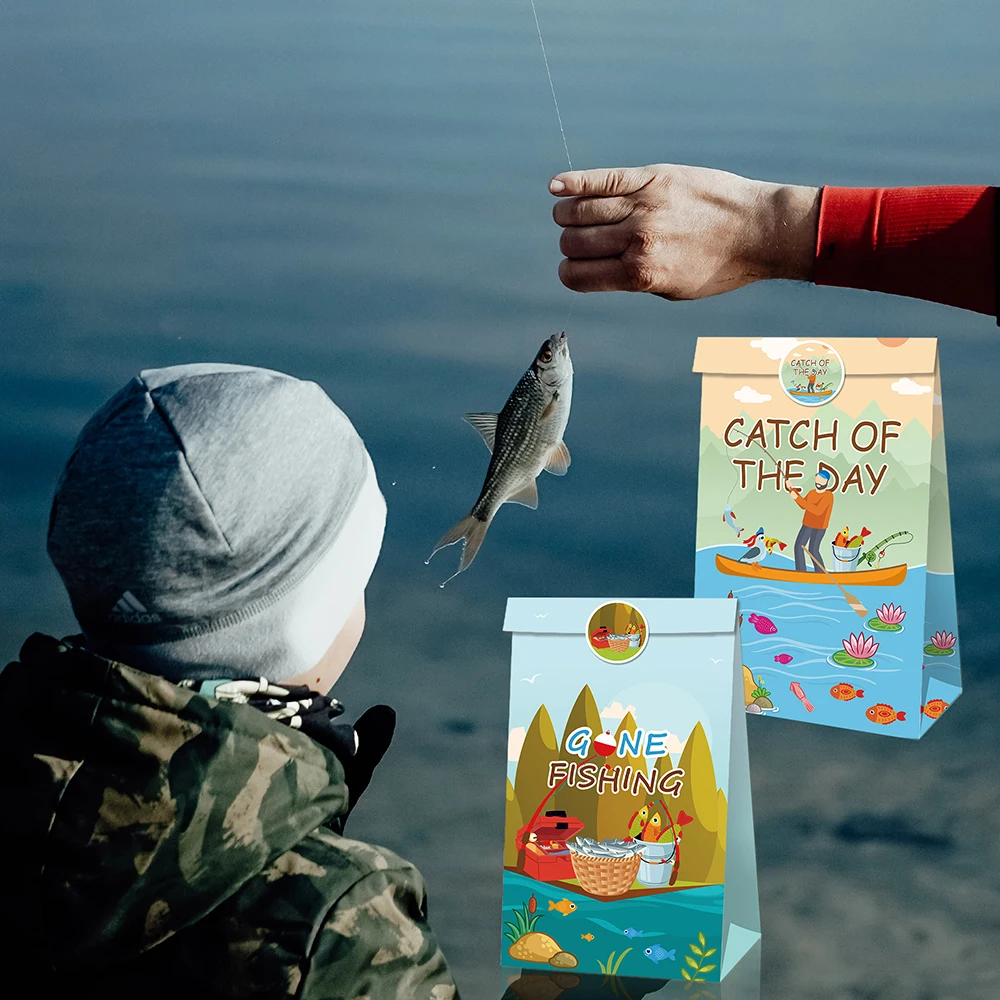 

LB133 12Pcs Angling Fishing Camp Birthday Party Biscuit Kraft Paper Gift Bags Sticker Gone Fishing Baby Shower Party Decorations