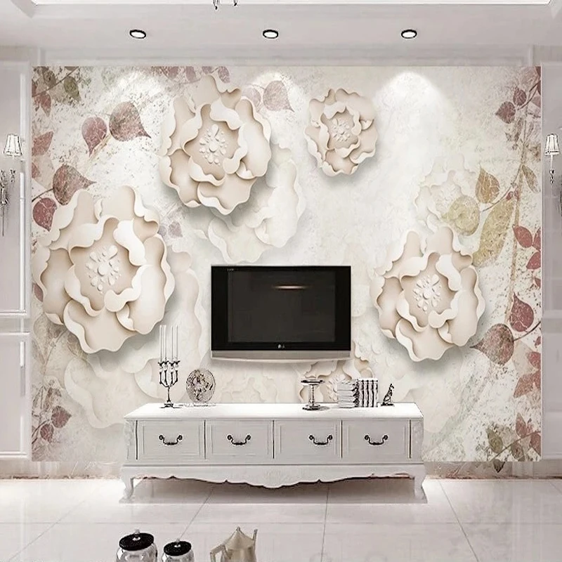 

Custom Photo Mural European Blossom 3D Embossed Flowers Leaves Wallpaper Living Room TV Backdrop Wall Decoration Non-woven Paper