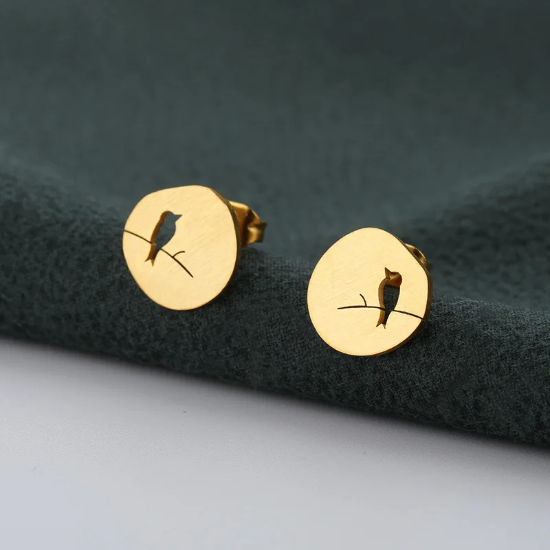 

Cute Hollow Bird On A Branch Studs Earring 36L Stainless Steel Round Stud Lovely Animal Earring For Women Girls Jewelry Gift