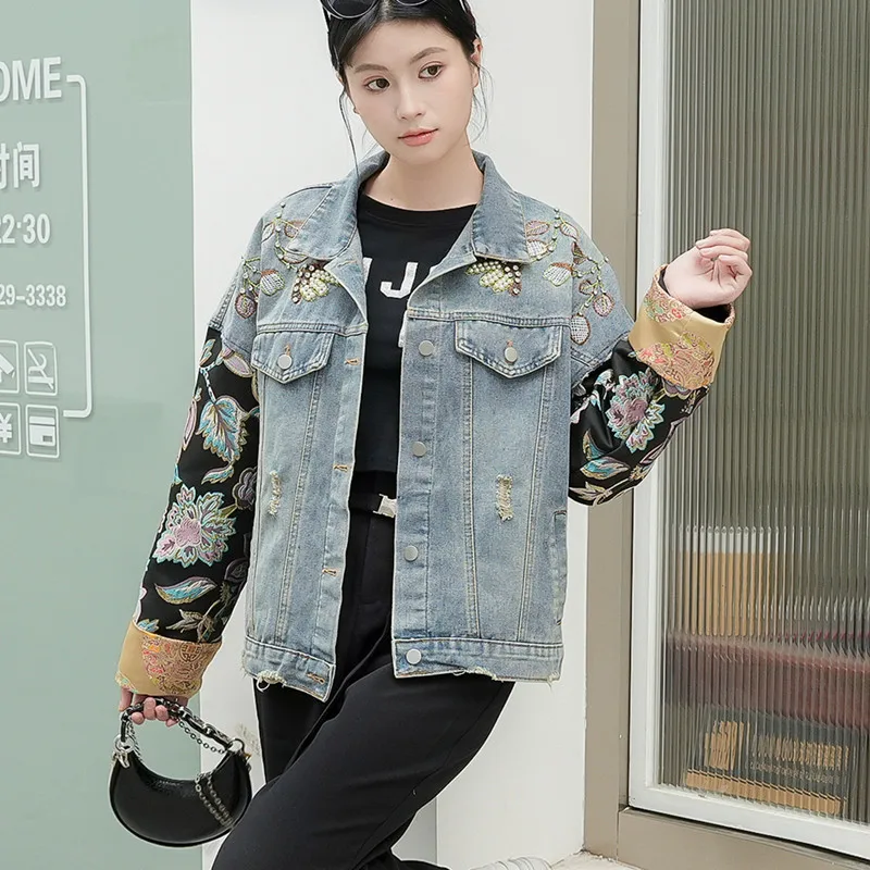 Женская джинсовая куртка в китайском стиле однобортная винтажная пэчворк с