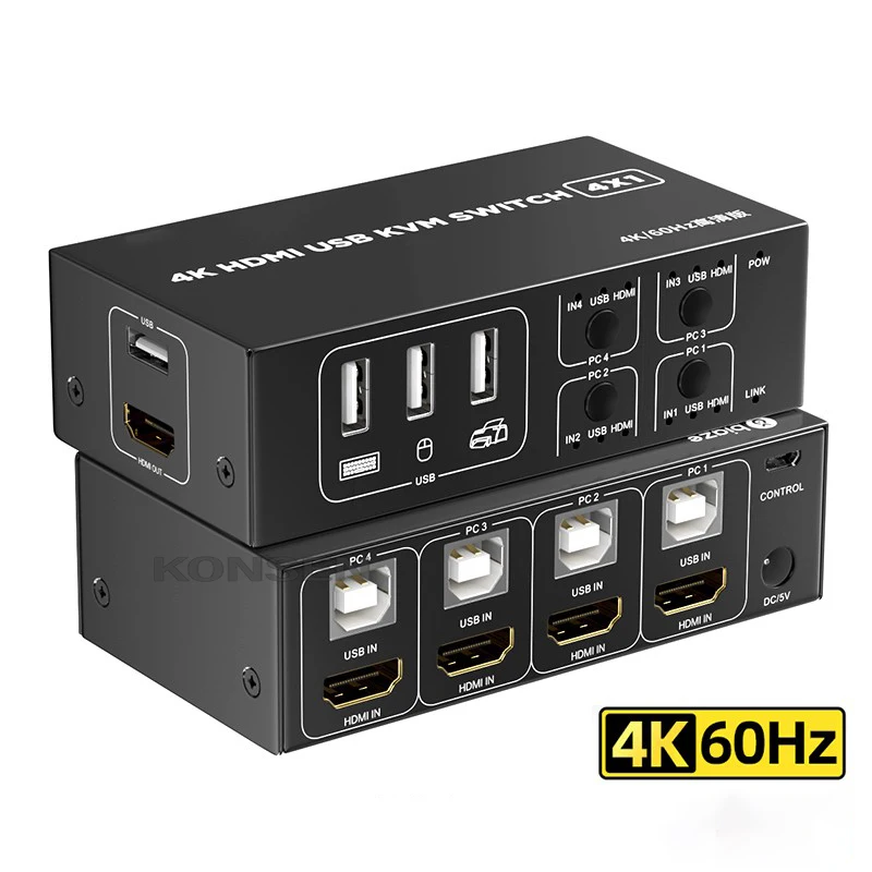 Caixa de Interruptor 4 em 1 para Fora com Controlador Hdmi Interruptor Desktop Suporte 4 Monitor Mouse Teclado Computador Portátil 4k 60hz Kvm Usb