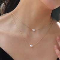 stainless steel new fashion 2 layer natural freshwater pearl charms chain choker necklaces pendant for women girl gifts bijoux