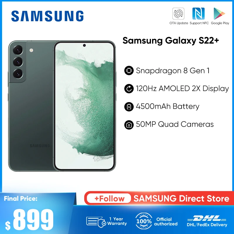 Samsung Galaxy S22+ S9060 Unlocked 5G Cellphone Dynamic AMOLED 2X 120Hz Bluetooth v5.2 Android Phone Smartphone