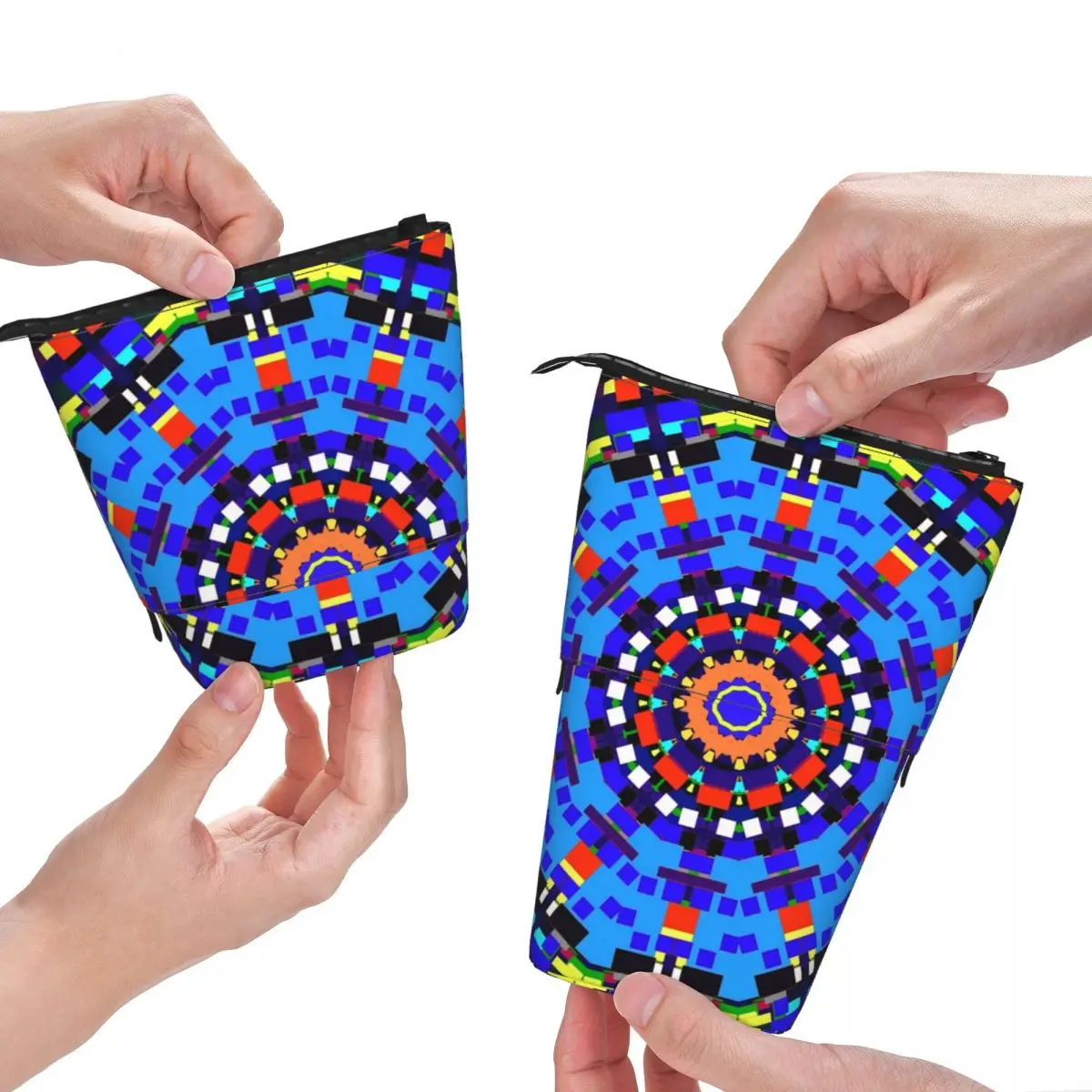 

Bright Mandala Blue Red Fold Pencil Case Abstract Geometric Mandalas Art Cute Standing Pencil Box College For Child Pen Bags