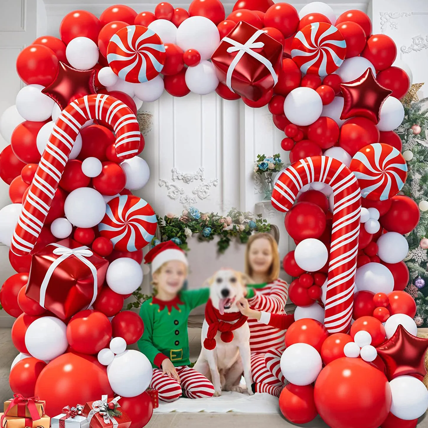 

142Pcs Christmas Balloon Garland Red Star Candy Cane Balloon Arch Kit for Thanksgiving New Year Christmas Party Home Decor