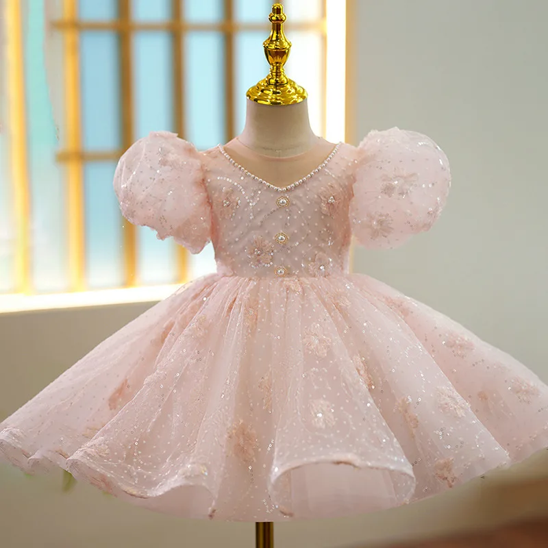 

2023 Bridesmaid Dresses for Kid Girls Children Princess Beading Sequined Ball Gowns Infant Pink Evening Dress Toddlers Vestidos