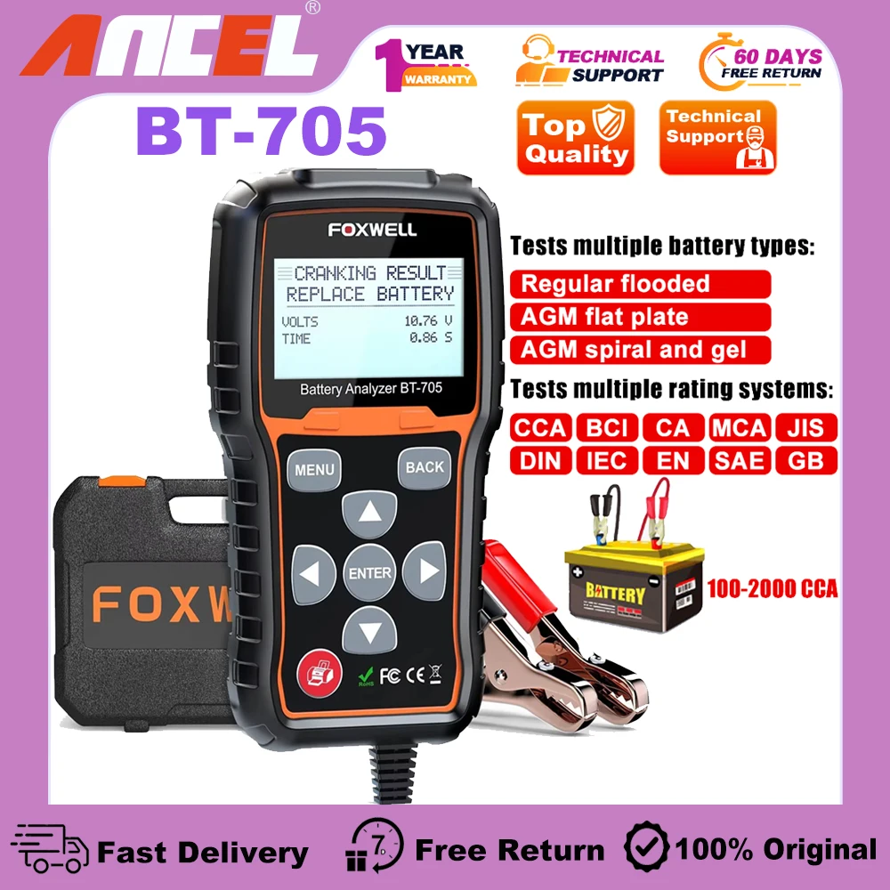 FOXWELL BT705 12 В 24 профессиональный OBD2 тестер нагрузки аккумулятора сверхмощный