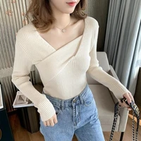 2021 autumn knitted bottoming shirt womens autumn new style western style collar cross long sleeved slim slimming fashion top