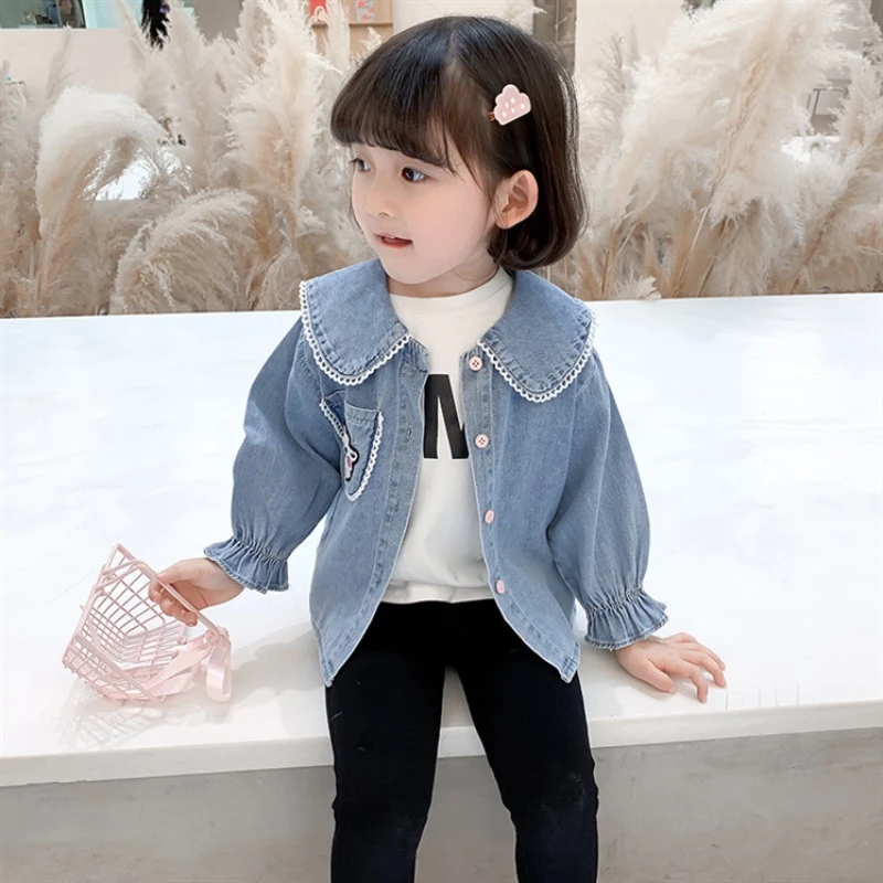 

Girls' Denim Shirt Autumn New Children's Solid Color Doll Collar Long-sleeved Shirt Girls Blouse Girl Clothes