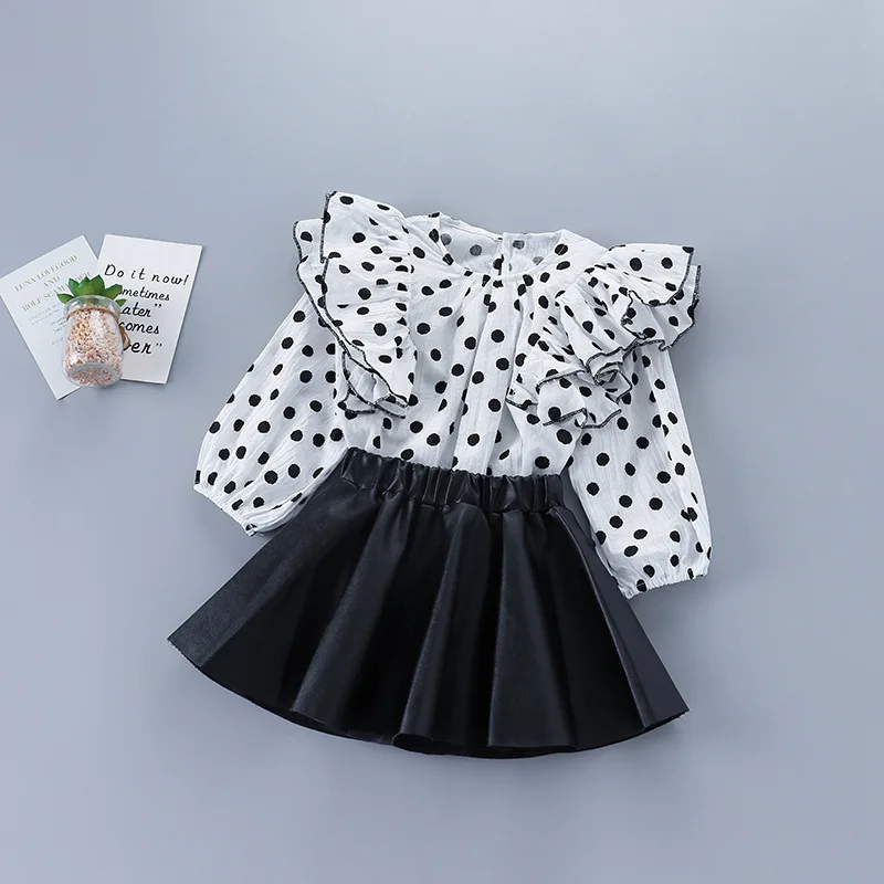 

Spring Autumn Girls Set White Polka Dot Flying Sleeve Shirt Fashion Black Leather Skirt Two-piece Suit 2-7 Y Children's Clothing