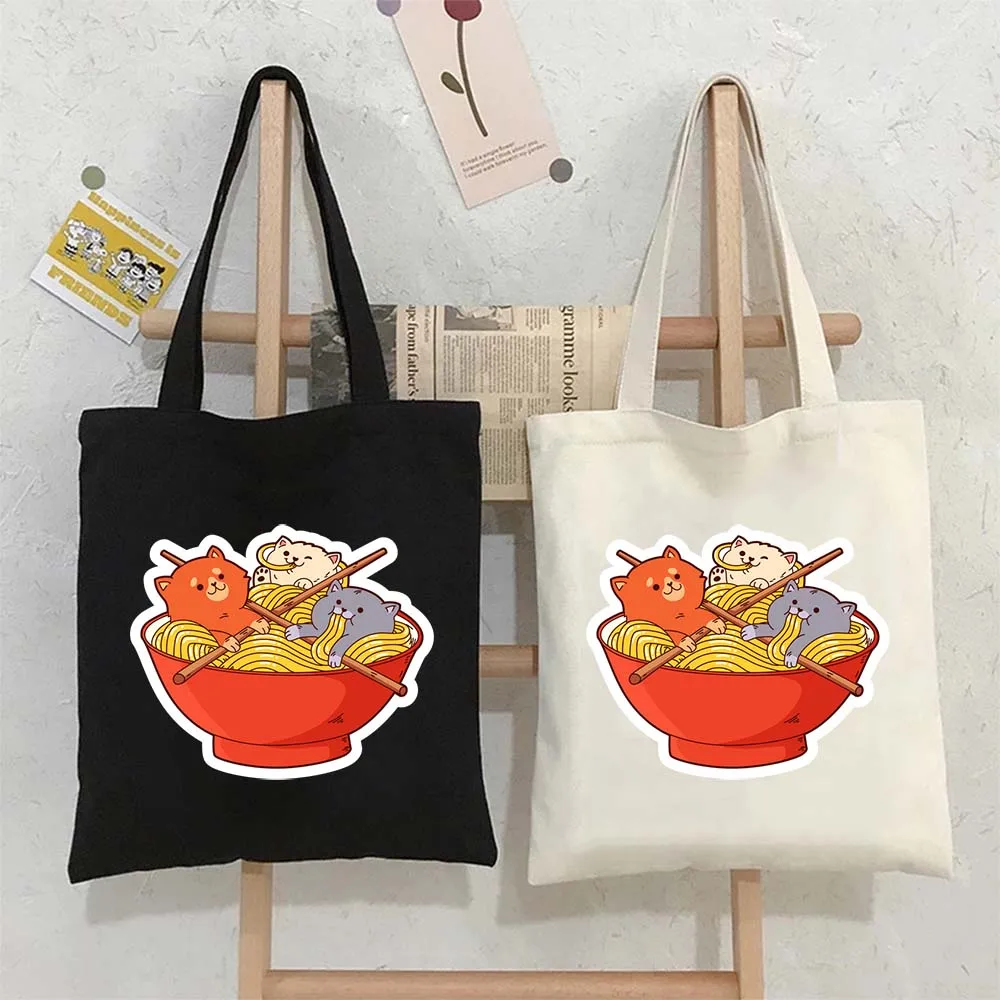 

Tote Bags for Women Cute Small Cats with Noodles Canvas Shopping Beach Bag Large Capacity Reusable Handbags