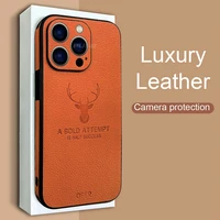 luxury leather texture square frame case for iphone 11 12 13 pro max mini x xr xs deer lens protection shockproof hard cover