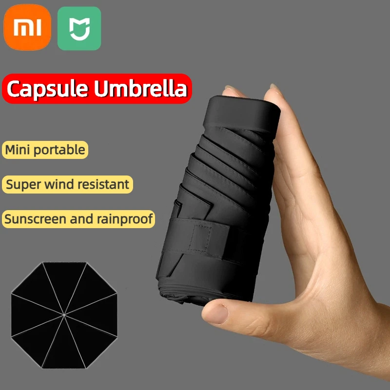 Фото Ультракомпактный мини-зонт Xiaomi с черным покрытием, портативный карманный солнечный дождь двойного назначения, легкий дорожный зонт для женщин и мужчин №1