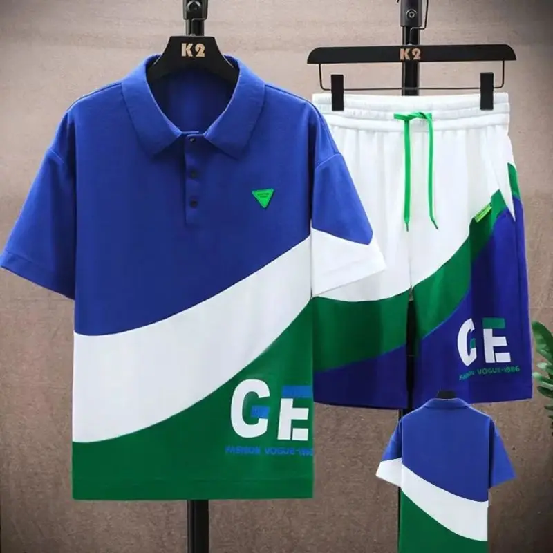Summer Men's Suit Ice Silk Fashionable Casual Sports Shorts Set with Handsome POLO Shirt Men's Short-sleeved T-shirt