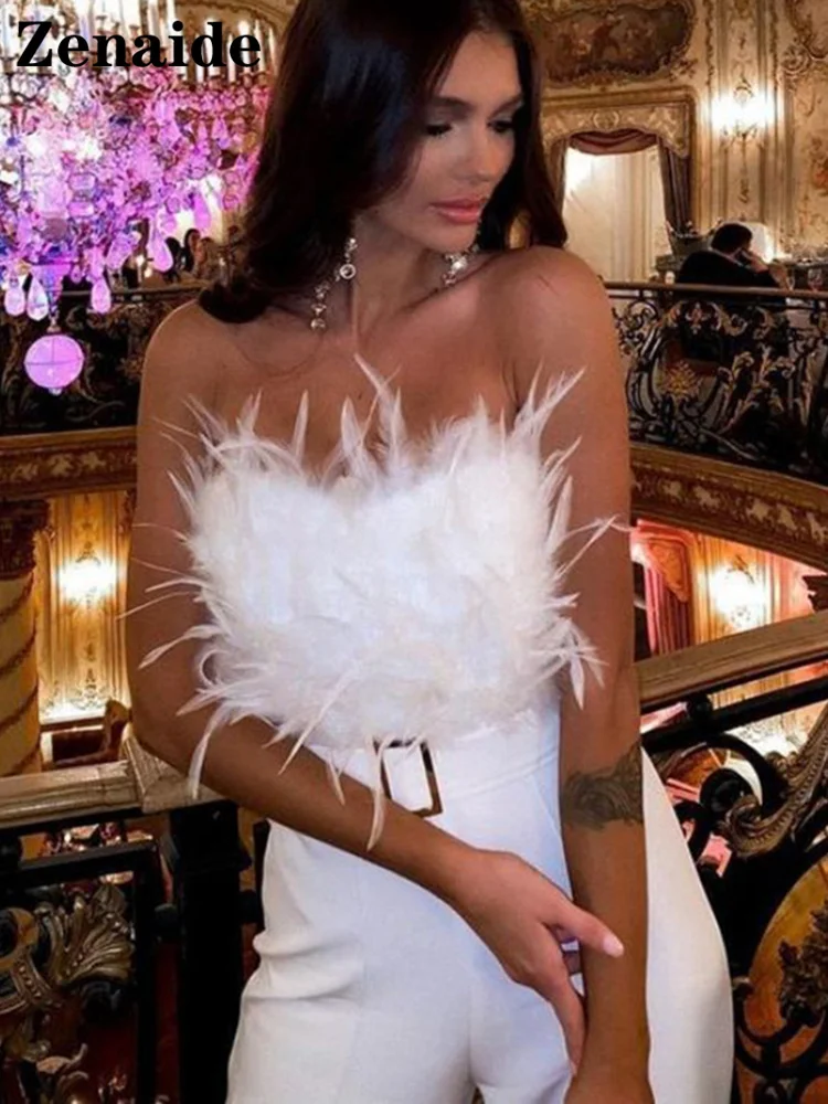 

Zenaide 2022 Spring Summer Strapless Jumpsuits With Feather Women Overalls Sexy Elegant Tube Top Backless Party Evening Jumpsuit