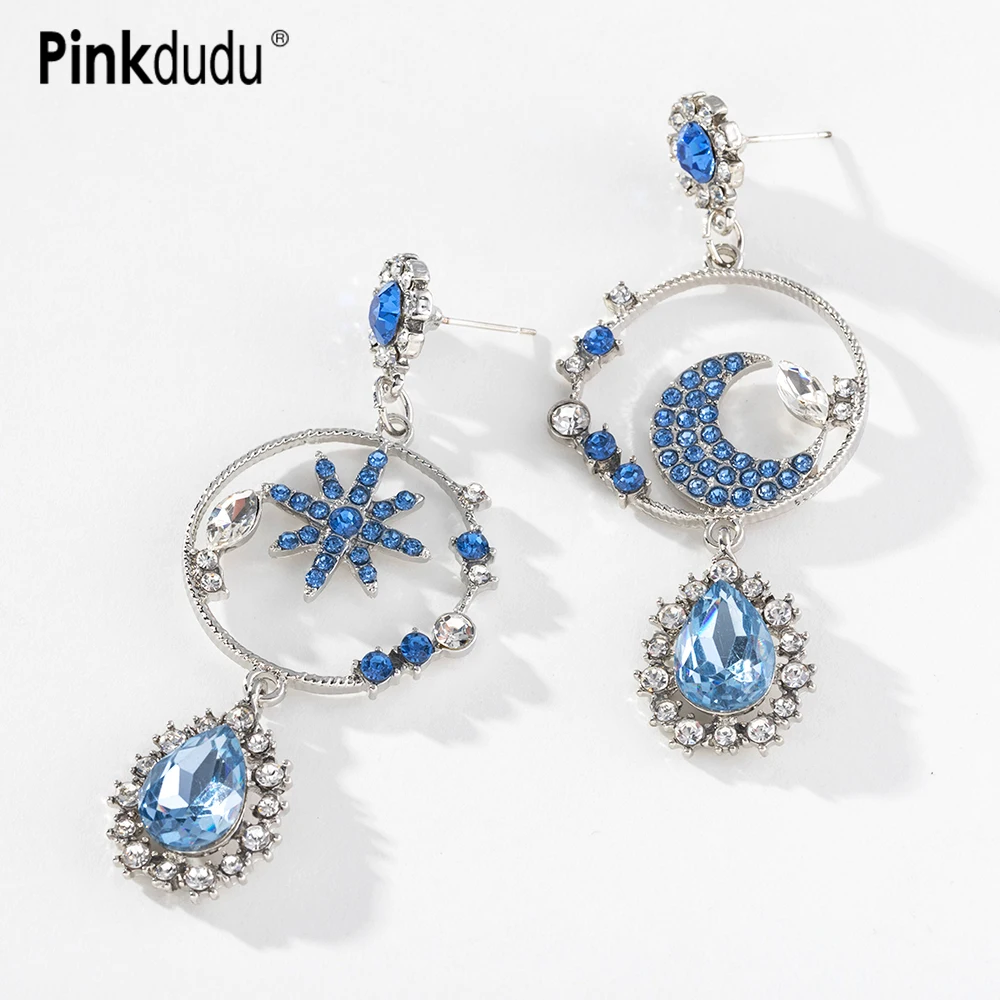 

Pinkdudu Fashion Alloy Rhinestone Blue Long Drop Earrings Star Moon Asymmetric Earrings for Women Jewelry Gifts PD828