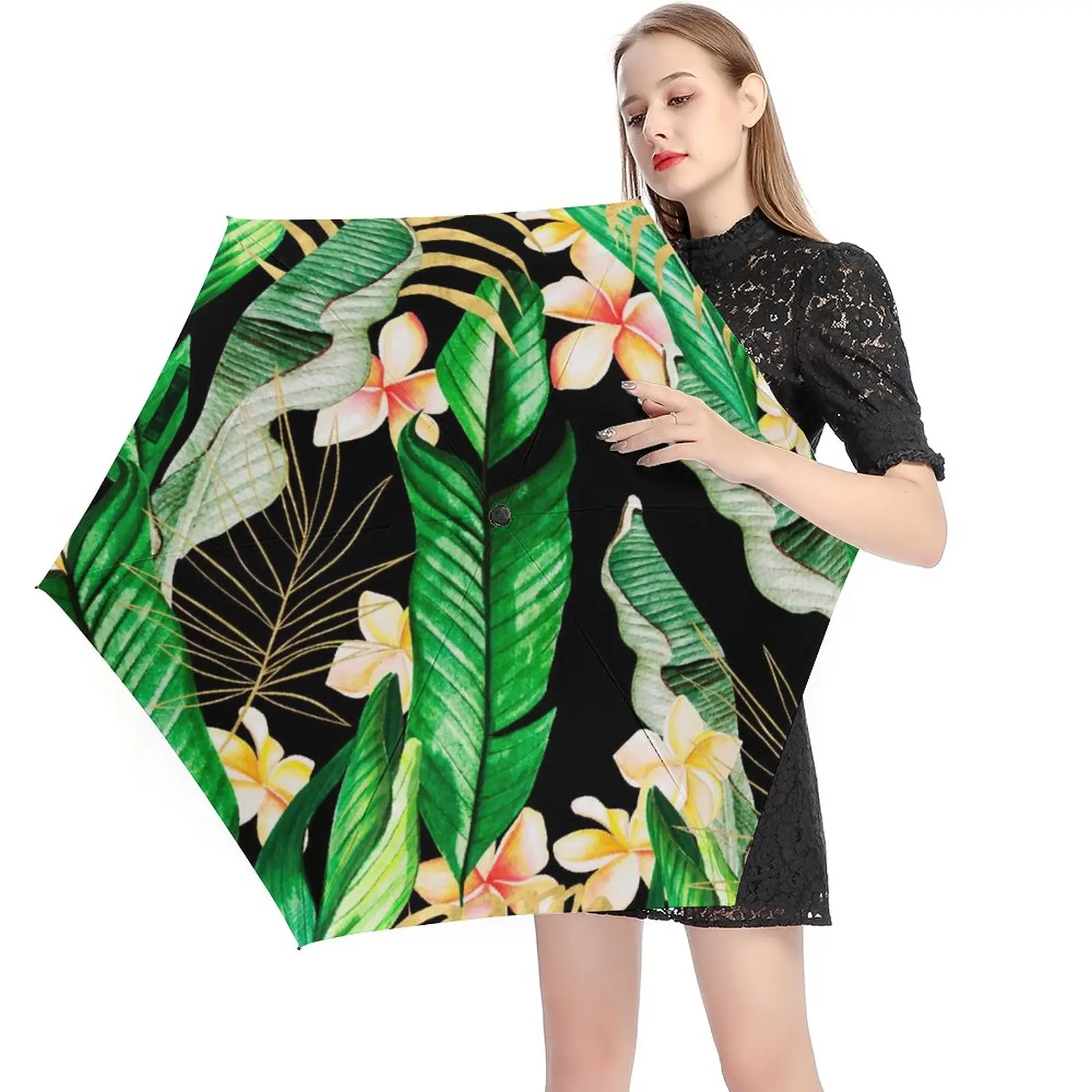 

Jungle Palm Leaves 5 Fold 6 Ribs Umbrella Tropical Forest Flower Print Portable Pocket Umbrella Sun and Rain Umbrellas Female