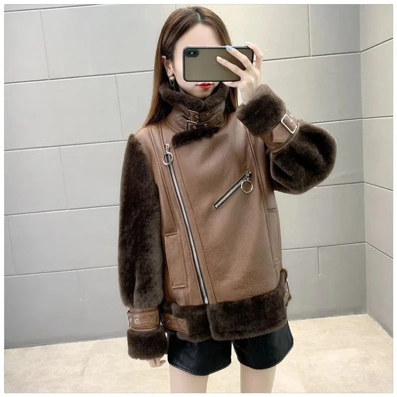 5XL Motorcycle Zipper Outwear Lamb Leather Clothing Autumn/Winter 2021 New Winter Short Thick Cotton Padded Jacket