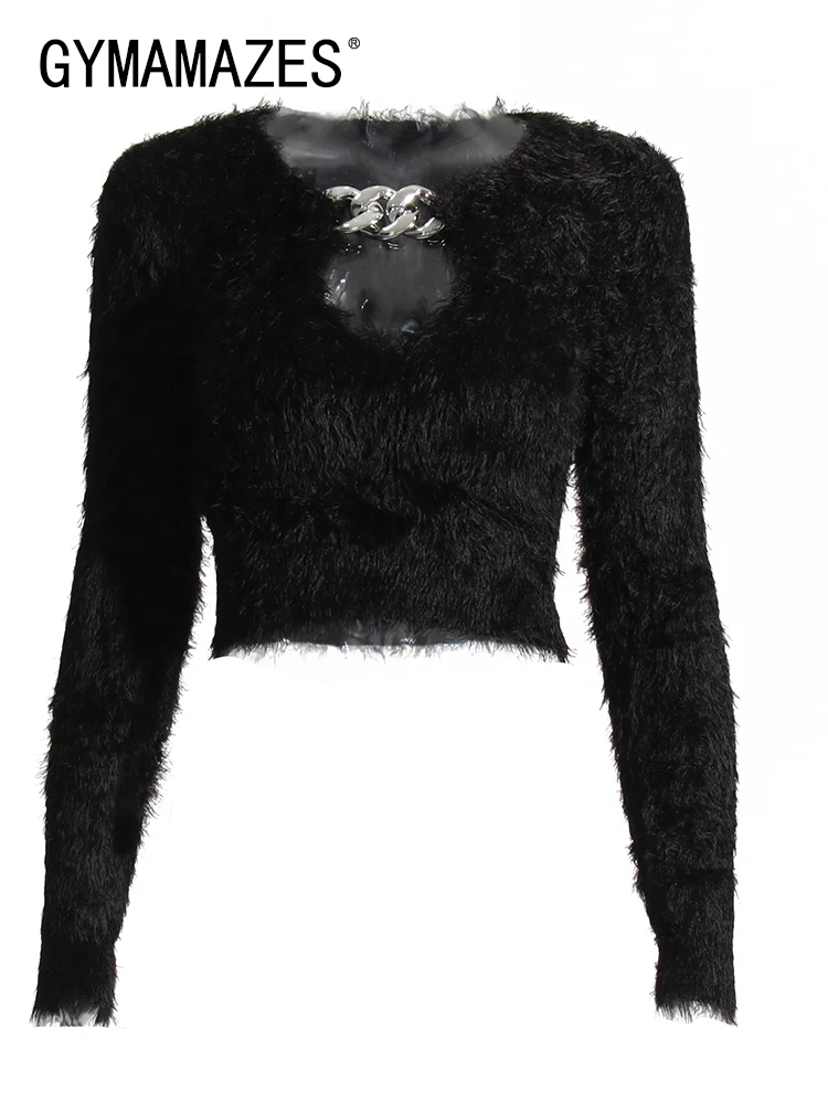 

GYMAMAZES Hollow Out Slim Sweaters For Women V Neck Long Sleeve Solid Patchwork Knitting Pullover Female Autumn Clothing Fashion