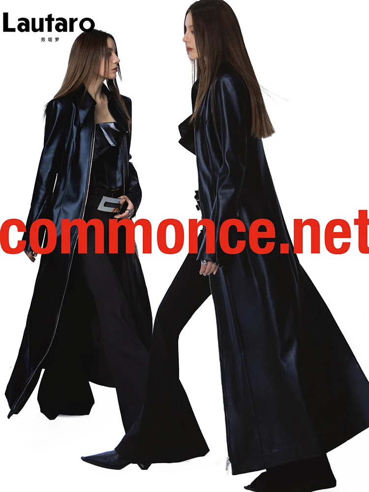 Lautaro Spring Autumn Extra Long Luxury Black Soft Pu Leather Overcoat for Women with Zipper Cool Runway European Fashion 2023 images - 6