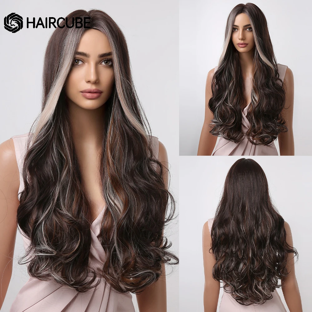 

HAIRCUBE Long Dark Brown With Copper Blonde Highlight Synthetic Wigs Middle Part Wavy Hair Wig for Black Women Daily Natural Wig