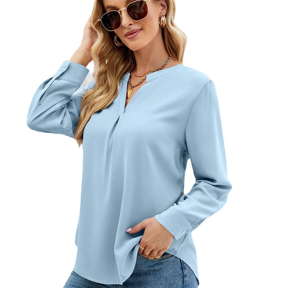 Women's 2022 Autumn and Winter New Solid Color Chiffon Shirt Loose V-neck Pullover Long-sleeved Top Shirt Blouse Women