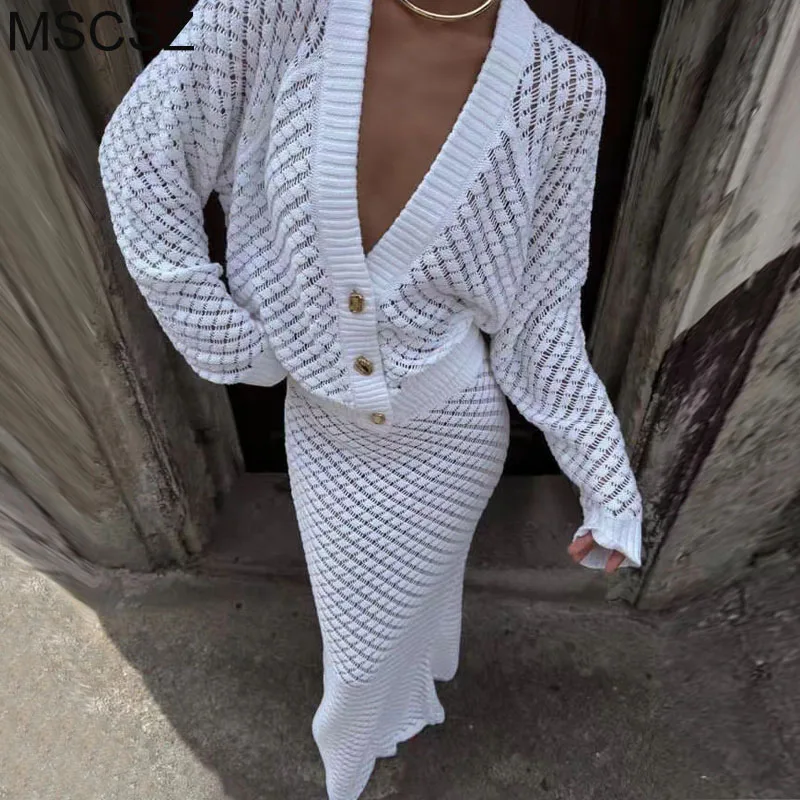 MSCSZ белая вязаная крючком юбка Женский вязаный кардиган свитер подходящий