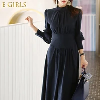 e girls new korean ladies social collar simple dress female zippers full regular natural stand sheath office lady