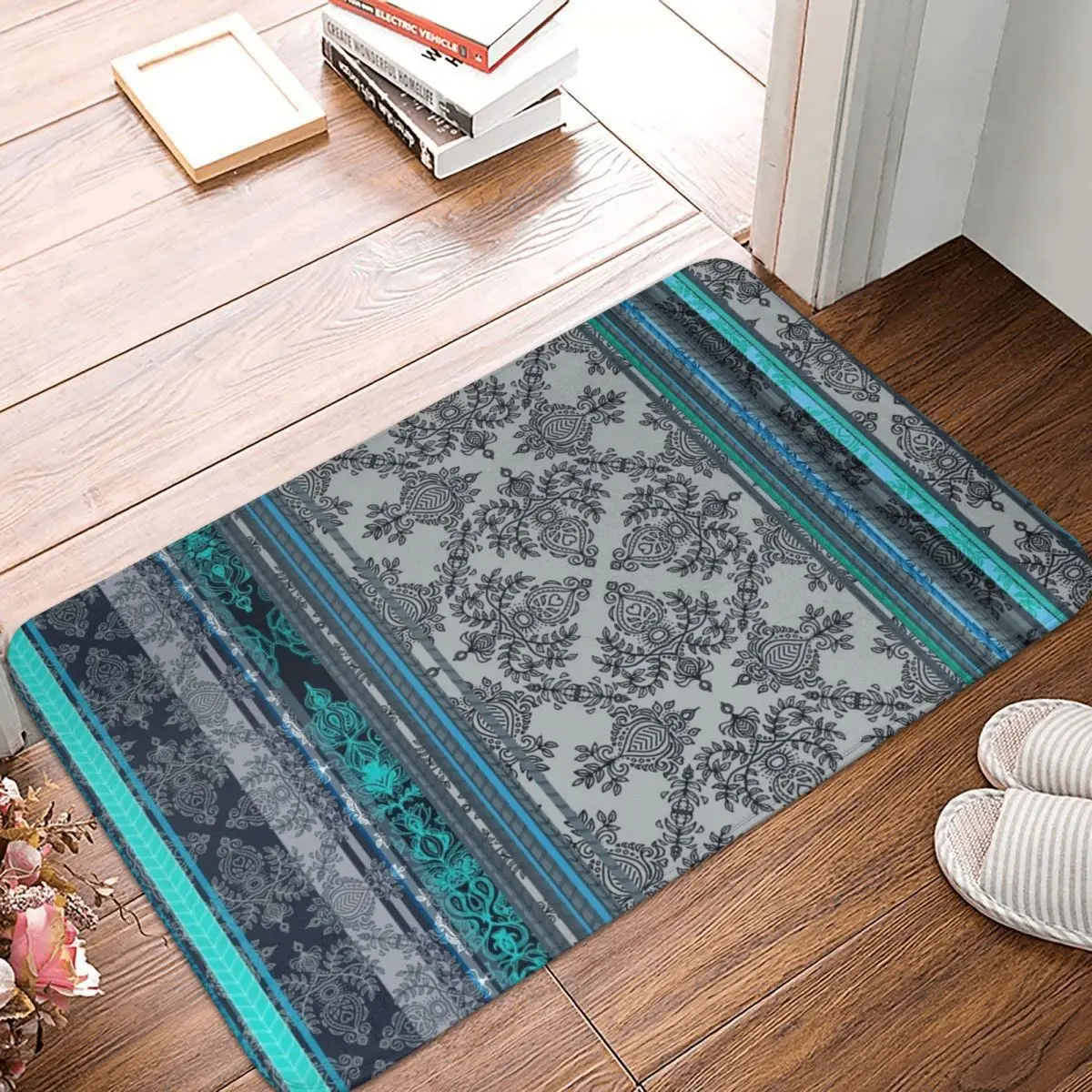 

Teal, Aqua Grey Vintage Bohemian Door Mat Decor Boho 3D Rug Carpet Bathmat Anti-slip Entrance Living Room Home Kitchen Bathroom