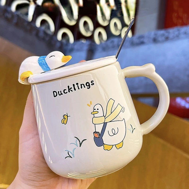 

New Swimming Duck Creative Cup Female Cute with Lid Spoon Ceramic Cup Simple Fresh Super Cute Children's Milk Coffee Oatmeal Cup