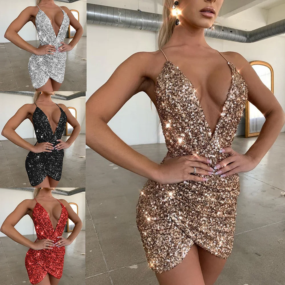 

Sexy Women Sequins Glitter Sparkle Deep V Neck Halter Backless Bodycon Short Mini Dress Evening Party Wrap Hip Package Dress