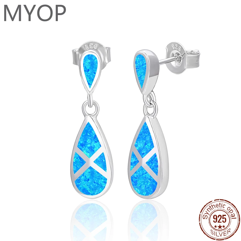 

MYOP Genuine 925 Sterling Silver Original Water Droplets Pattern Earing Synthesis Opal Earrings Femal Holiday Gifts