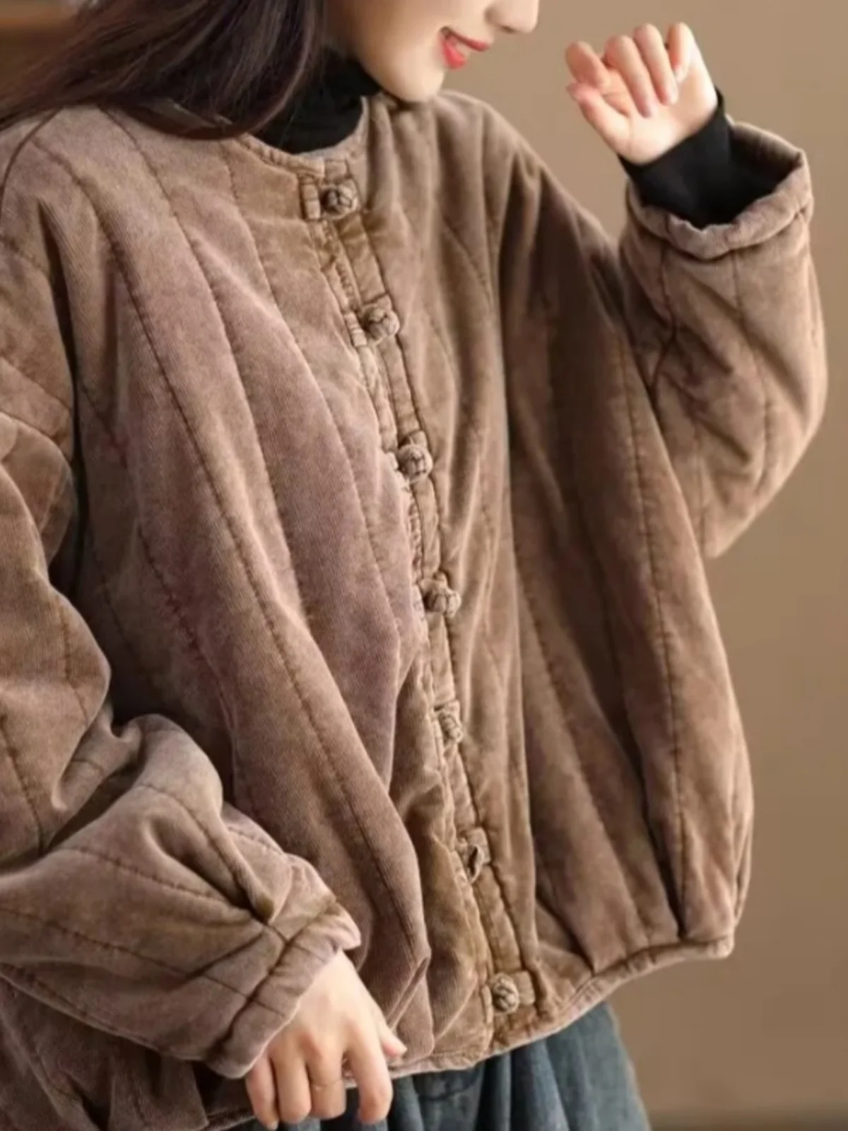 Retro Ethnic Sle Needlecord down Jacket Women Autumn and Winter 2024 New Thickened Cotton-Padded Coat Buckle Cotton-padded ...